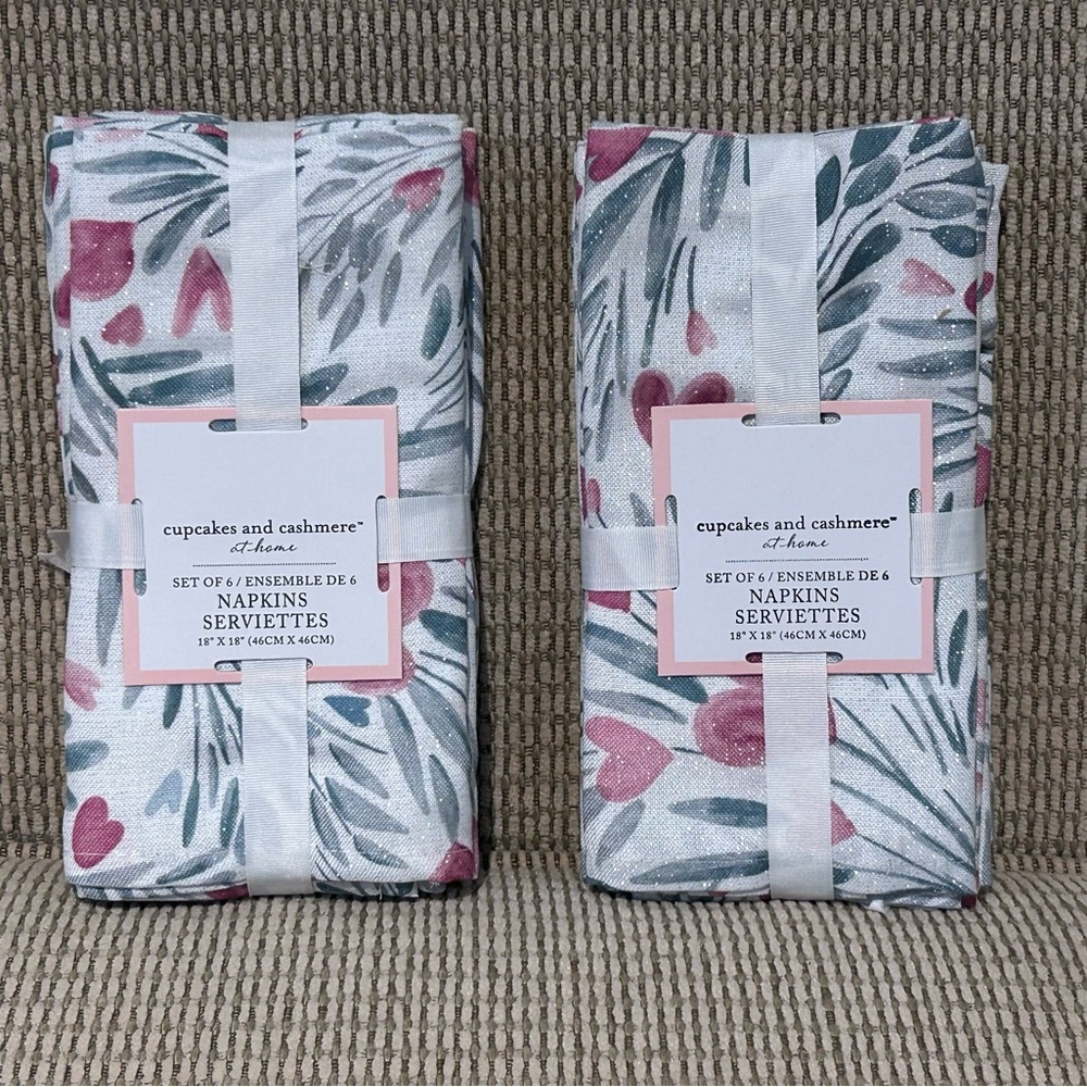 2 Packs Of 6 CUPCAKES & CASHMERE Glittery Cherry Heart Linen Table Napkins